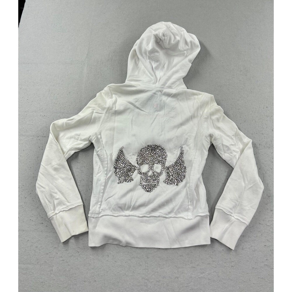 Twisted Heart Women’s Skull Rhinestone Full Zip Hoodie White